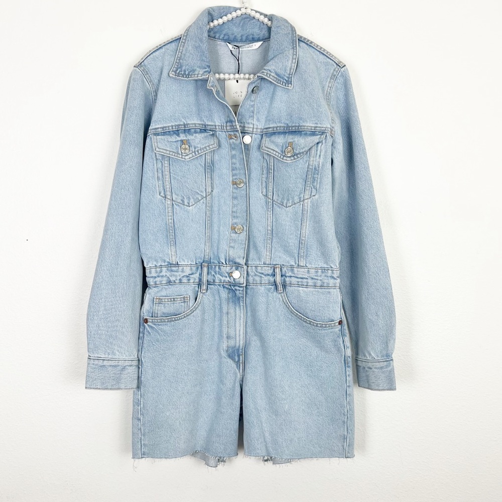Zara Long Sleeve Denim Romper Shorts Light Wash Size Medium